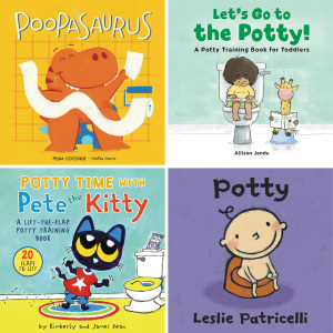 four book covers of potty training books for kids