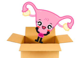 a uterus cartoon character falling into a box