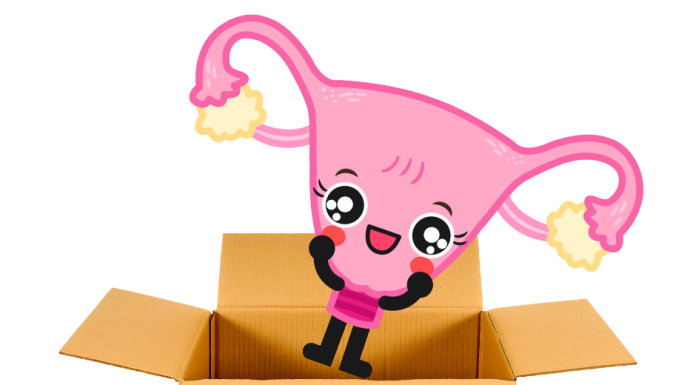 a uterus cartoon character falling into a box