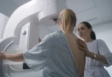 a woman getting a mammogram