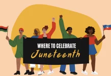 a cartoon image of five African Americans holding a banner saying, "where to celebrate Juneteenth"