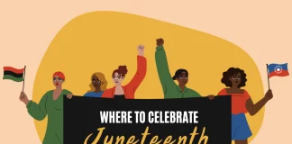 a cartoon image of five African Americans holding a banner saying, "where to celebrate Juneteenth"