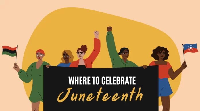 a cartoon image of five African Americans holding a banner saying, "where to celebrate Juneteenth"