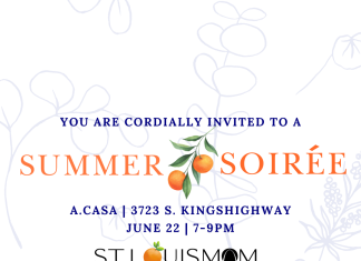 The words, "You are cordially invited to a Summer Soiree" with address and event information, sponsored by St. Louis Mom