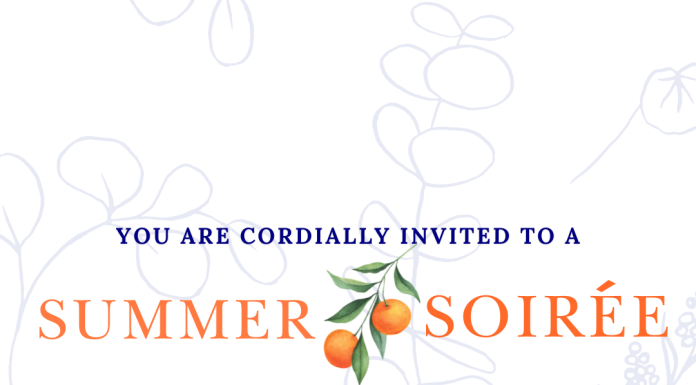 The words, "You are cordially invited to a Summer Soiree" with address and event information, sponsored by St. Louis Mom