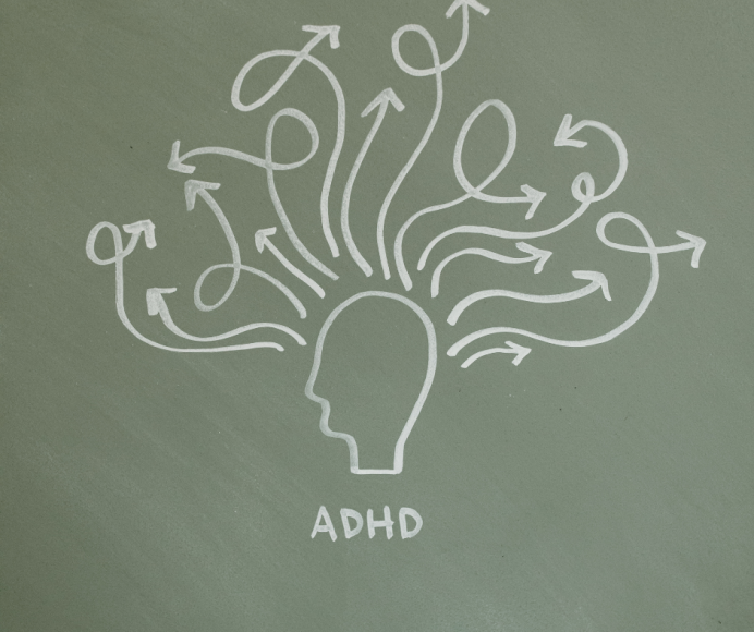 a chalk drawing of a head with arrows pointing every which direction around it. The word ADHD is written below.