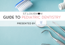 dental tools and a toothbrush with a banner across the image, St. Louis Mom Guide to Pediatric Dentists