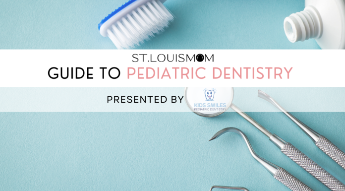 Mom’s Guide to Pediatric Dentists in St. Louis dental tools and a toothbrush with a banner across the image, St. Louis Mom Guide to Pediatric Dentists