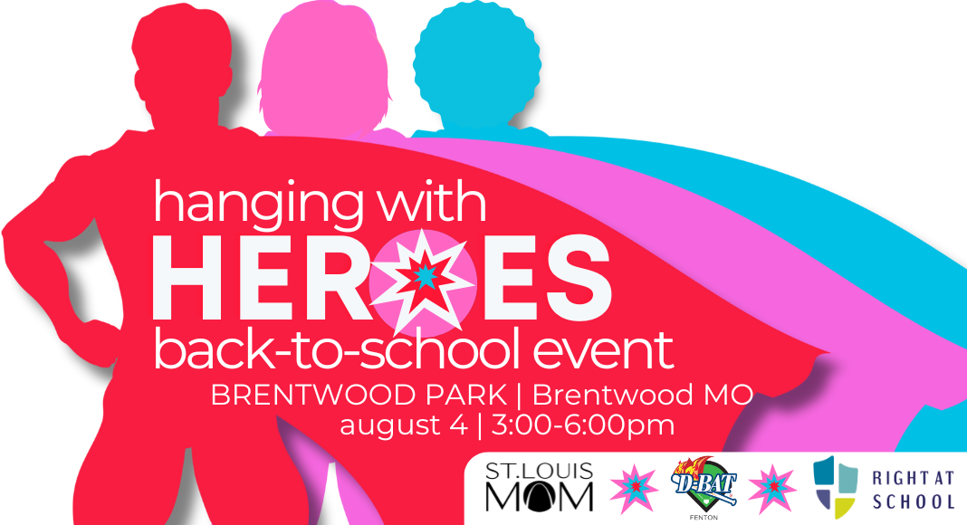 three colorful silhouettes of superheroes in capes, with the words, "hanging with heroes back-to-school event"