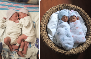 two newborn babies snuggling together under a hospital blanket wearing hospital hats and white onesies and diapers. right: two newborn babies snuggling in a woven basket, one dressed in a blue hat and wrapped in a blanket with blue stars and the other dressed in a pink hat and a blanket with pink stars.