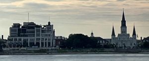 New Orleans Skyline from the Algiers Point Ferry at dusk.