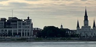 New Orleans Skyline from the Algiers Point Ferry at dusk.