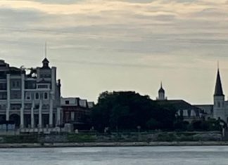 New Orleans Skyline from the Algiers Point Ferry at dusk.