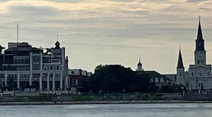 New Orleans Skyline from the Algiers Point Ferry at dusk.