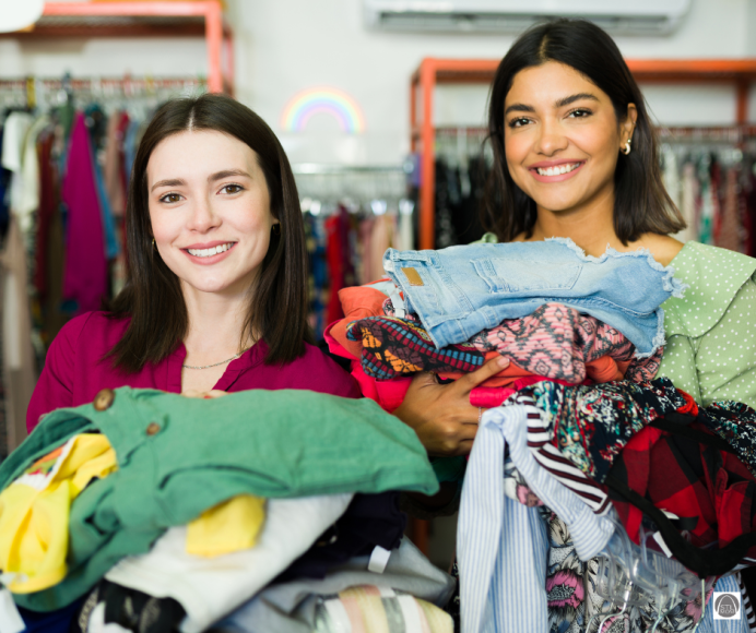 two moms with their arms full of clothing as they thrift shop