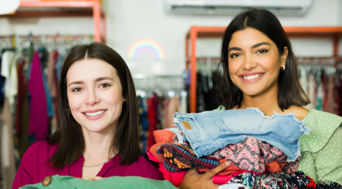 two moms with their arms full of clothing as they thrift shop