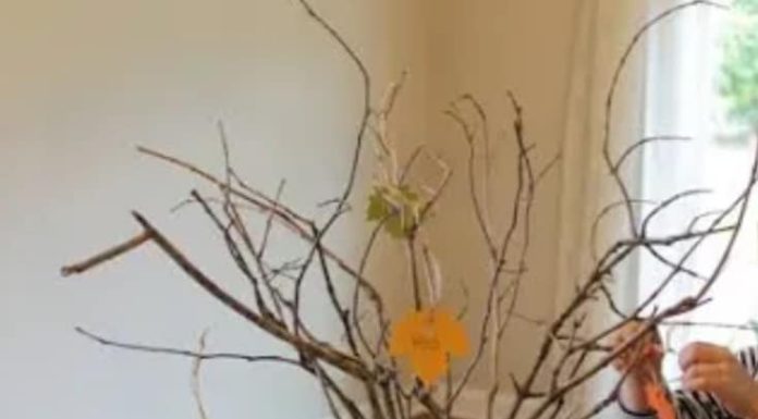 a vase with branches and paper leaves