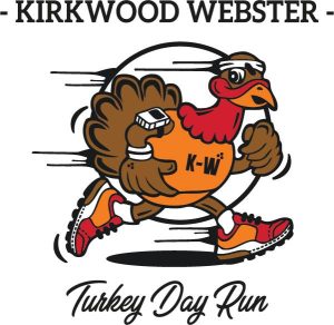 a cartoon turkey in running clothes with a heart monitor as he runs a race as a one of many Thanksgiving activities and events