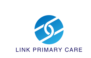 white chain links on a blue circular logo background with the words Link Primary Care underneath