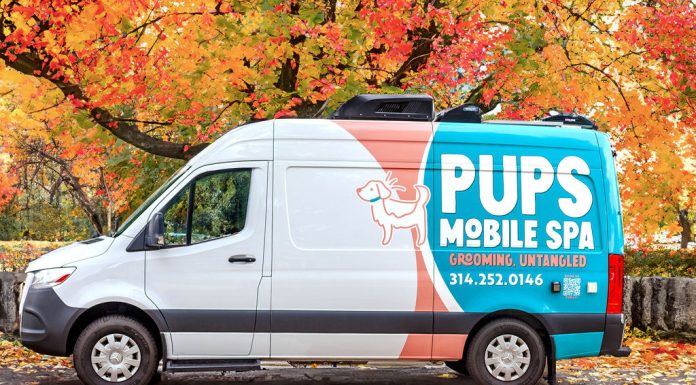 Grooming, Untangled: A Stress-Free Way to Care for Your Pup Right at Home a Pups Mobile Spa van on a driveway covered in leaves that have fallen