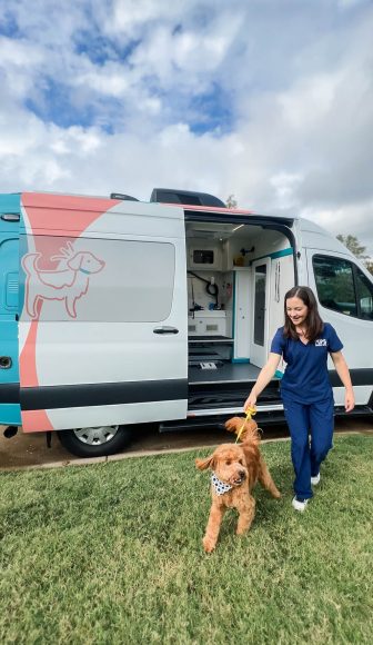 a dog groomer holding a dog on a leash outside of their grooming van