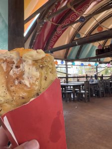 Speaking of lunch, we ordered from the Spit Fyre Grill in Isle of Berk and enjoyed a shady seat in the pavilion across from it. Pictured here is the Mac and Cheese Cone. Imagine a cone of garlic bread filled to the brim with Mac and Cheese and Goldfish crackers.