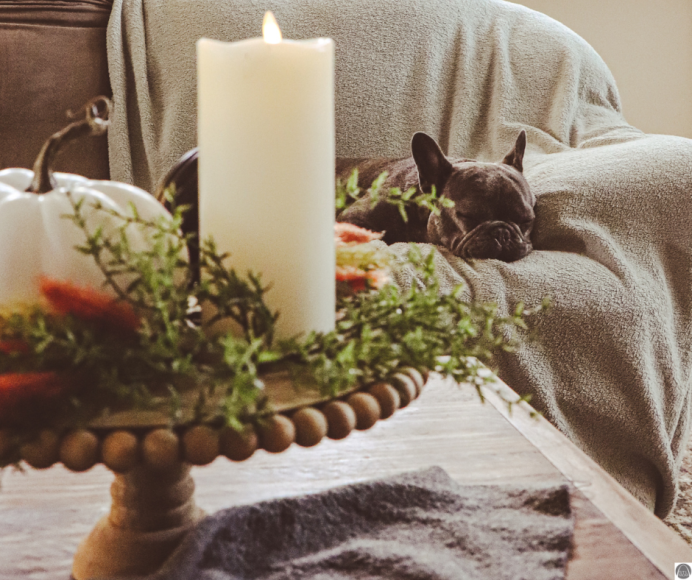 fall decor: a white candle, a pumpkin, and greenery on a wooden pedestal on a coffee table