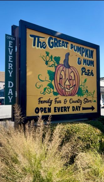 a yellow sign with an orange pumpkin on it advertising the Kirkwood Farmer's Market