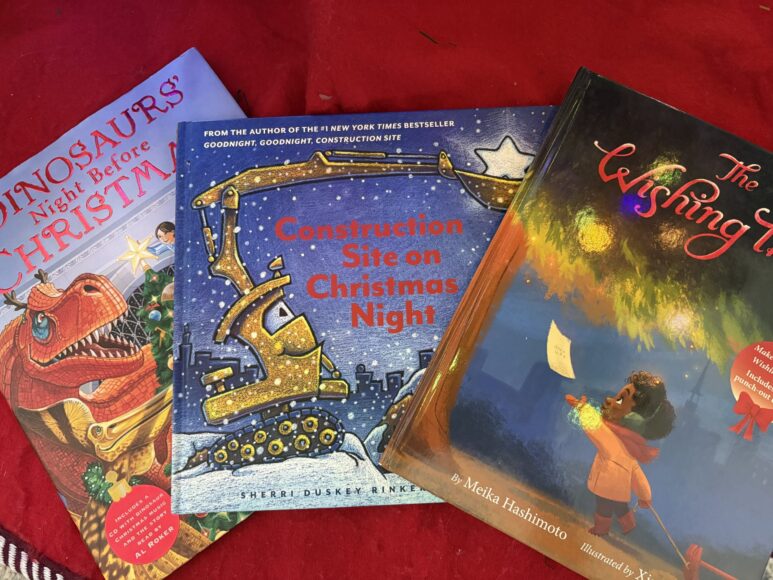 Image of Dinosaur's Night Before Christmas, Construction Site on Christmas Night and The Wishing Tree books.