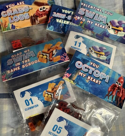 A collection of LEGO-like sea creature Valentine's.