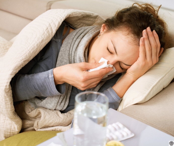 a woman under a blanket on the couch holding a tissue to her nose. on the table beside her sits medicine and a glass of water